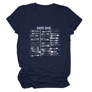 Detail of vintage library date due card print on a navy blue short sleeve cotton t-shirt