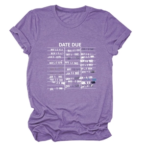 Macro detail of purple cotton T-shirt featuring retro Date Due library card print