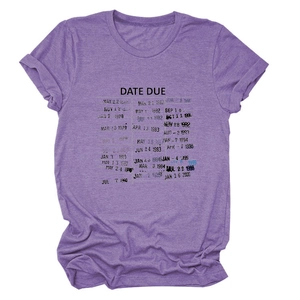 Detail of purple cotton t-shirt featuring a vintage library date due card graphic print