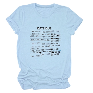 Detail of light blue t-shirt featuring a retro DATE DUE library card print design