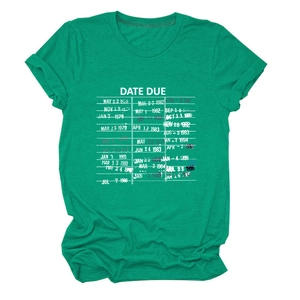 Detail of vintage library card print on a emerald green cotton T-shirt for women