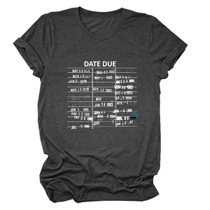 Women's dark gray crew neck t-shirt featuring vintage date due library card print