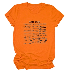 Detail of orange cotton T-shirt featuring vintage library date due card print on front