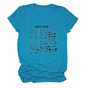 Close-up of vintage library card print on teal short sleeve cotton blend T-shirt