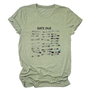 Detailed view of vintage date due slip print on a light green cotton crewneck t-shirt
