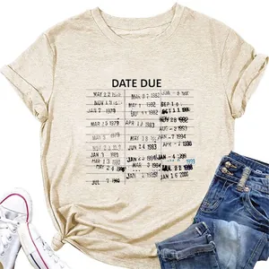Women Vintage Library Date Due Card Print T-Shirt Loose Casual Round Neck Short Sleeve Cotton Blend Top