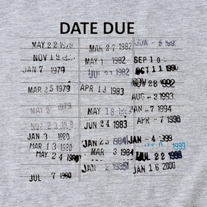 Women's gray summer T-shirt featuring vintage American style date due library card print