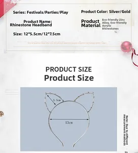 Size chart showing rhinestone cat ear headband dimensions in silver and gold metal