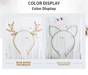 Detailed view of gold reindeer antlers and silver cat ear headbands with pearl accents