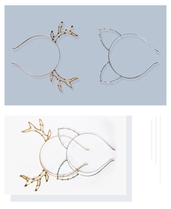 Close-up of gold reindeer antler and silver cat ear headbands with rhinestone details
