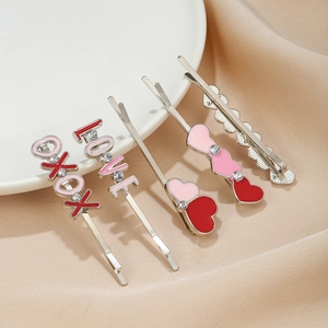 Lot de 5 barrettes en alliage argenté avec cœurs en émail rose LOVE et XOXO