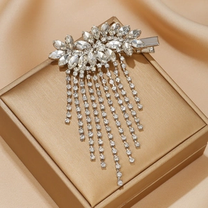 Elegant Alloy Rhinestone Flower Hair Clip With Long Tassel Dangle Women Luxury Side Clip Wedding Party Jewelry