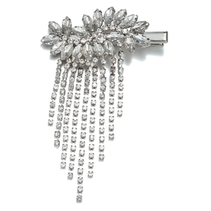 Sparkling silver floral hair clip with long rhinestone tassels for elegant women styling