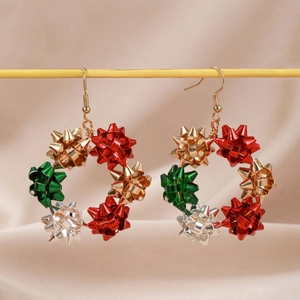 Boucles d'oreilles couronne de Noël avec nœuds en métal rouge et vert pour femmes