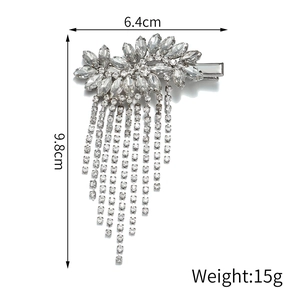 Elegant silver flower hair clip with rhinestone tassels and dimensions 6.4x9.8cm