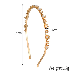 Serre-tête minimaliste doré avec perles et fleurs pour femmes, taille 15cm