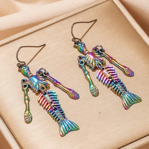 Detail of iridescent mermaid skeleton drop earrings with rainbow finish and intricate metalwork