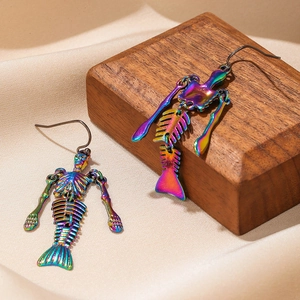 Rainbow plated fish skeleton drop earrings with articulated bones for Halloween style