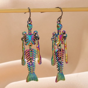 Rainbow Mermaid Skeleton Dangle Earrings Alloy Fish Bone Gothic Dark Halloween Jewelry For Women Girls Novelty Funky