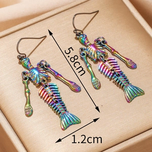 Rainbow skeleton mermaid dangle earrings in colorful plating with dimensions shown