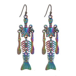 Gothic fish bone skeleton earrings with colorful gradient anodized metal finish