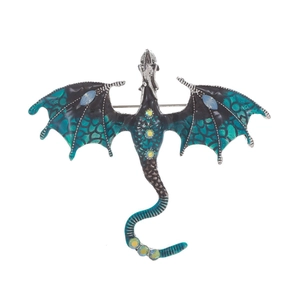 Spilla drago vintage con smalto verde e strass su base in lega d'argento