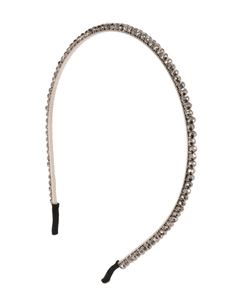 Détail du serre-tête en perles de cristal gris avec embouts de protection noirs confortables