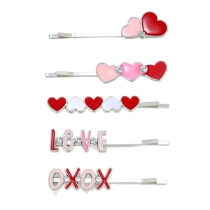Lot de 5 pinces à cheveux cœur avec strass LOVE et XOXO et détails en émail coloré