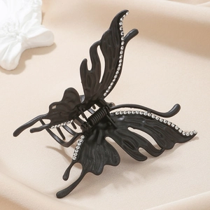 Pince à Cheveux Papillon en Alliage Grande Pince Requin en Métal Noir Mat Strass Accessoires Cheveux pour Femmes