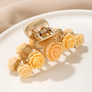Elegant French Style Resin Rose Flower Hair Claw Clip Alloy Metal Large Shark Clip Women Retro Hair Accessories