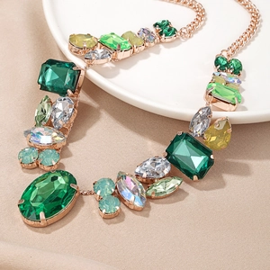 Vintage Alloy Artificial Crystal Gemstone Statement Necklace For Women Geometric Colorful Party Banquet Jewelry Accessory