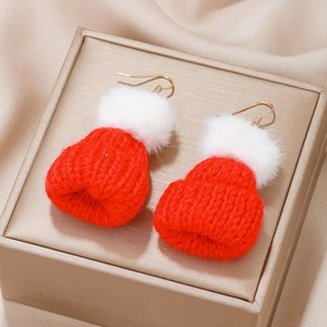 Christmas Festive Hat Pom Pom Knit Earrings Happy New Year Letter Alloy Dangle Earrings Red Bow Drop Earrings For Women Jewelry