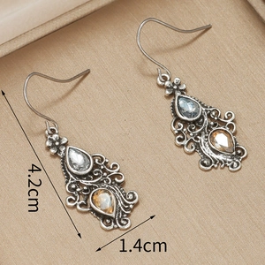 Vintage gun-black alloy earrings with diamonds and water-drop gems, 4.2cm ethnic style