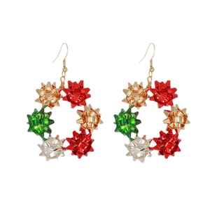 Boucles d'oreilles couronne de Noël avec nœuds métalliques rouge vert or et crochets dorés