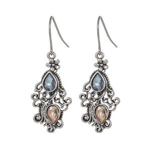 Vintage gun-black drop earrings with light blue and champagne crystals and flower detail