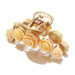 Champagne rose hair claw clip with cream resin flowers and gold metal finish