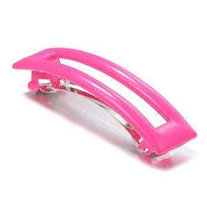 Macro detail of glossy pink rectangular hair clip with durable silver metal spring base