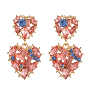 Detailed close-up of double-heart drop earrings with pink and blue crystal zircon stones
