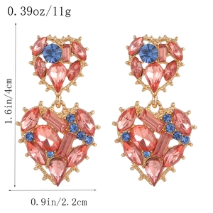 Golden double heart drop earrings with pink and blue zircons, size 4cm x 2.2cm