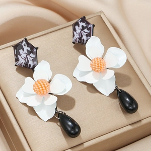 Artistic layered flower earrings with zircon on silk fabric, elegant drop design