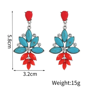 Retro ethnic drop earrings with red gemstones and turquoise details, size 5.8cm by 3.2cm