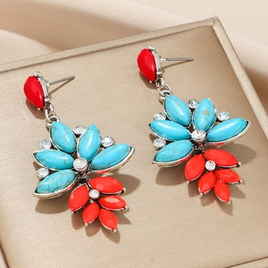 Bohemian dangle earrings with red and turquoise stones and sparkling rhinestones