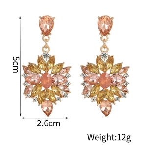 Detailed view of sunflower drop earrings with pink and amber zircons and size annotations