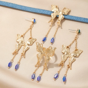Bijoux Papillon Alliage Collier Ras Du Cou Boucles D'oreilles Franges Bague Réglable Cristal Bleu Tissu Denim Accessoires Femme