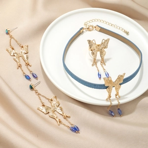 Parure bijoux papillon bleu avec boucles d'oreilles à pompons, collier choker et bague