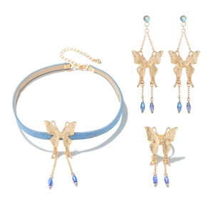 Parure bijoux papillon bleu avec collier boucles d'oreilles et bague au style denim