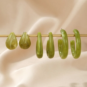 Olive green marble textured resin earrings set with teardrop and geometric ring shapes