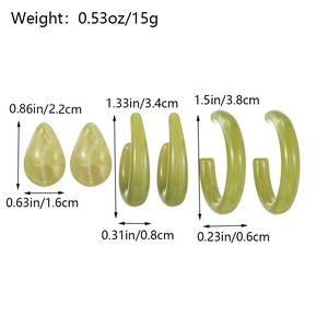 Three-piece olive green resin earring set with marble texture and dimensions