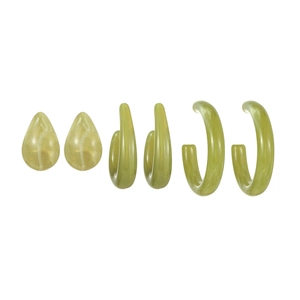 Three pairs of green resin earrings with marble texture in teardrop and C-shape styles