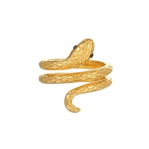 Gold plated stainless steel snake ring with scaly texture and black stone eyes
